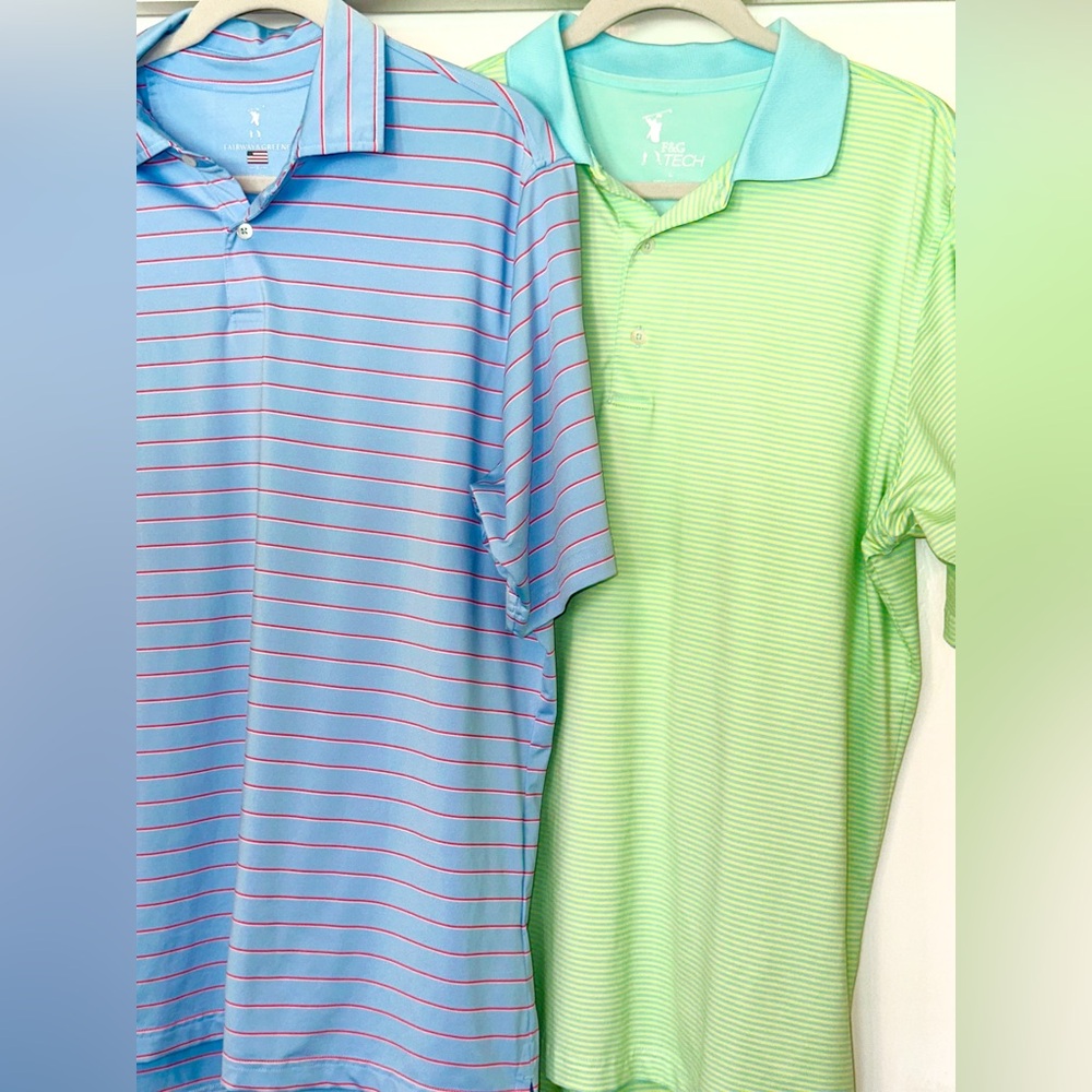 Fairway & Greene Light Blue/Red & Teal/Lime Green Tech Polos Size L